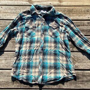 WRANGLER Shirt Mens Large Wrancher Western Flannel Pearl Snap Long Sleeve Teal